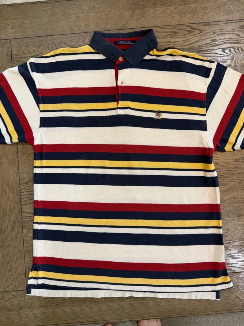 Vintage 90s Y2K Tommy Hilfiger Navy, Red, Yellow & White Striped Polo Crest Logo